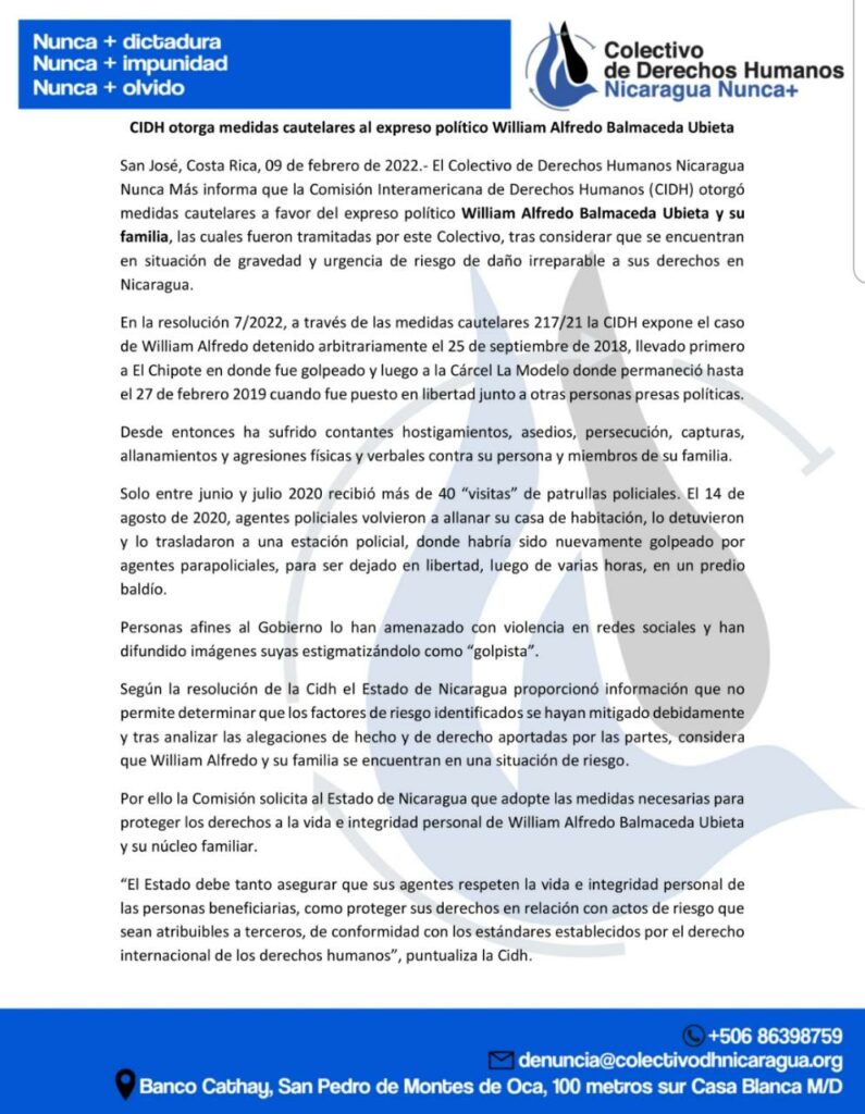 CIDH otorga medidas cautelares al expreso político William Alfredo  Balmaceda Ubieta – Colectivo de Derechos Humanos